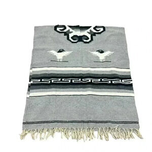 Vintage HandwovenSerape Poncho With Bird Motif & Geometric Patterns Black Grey